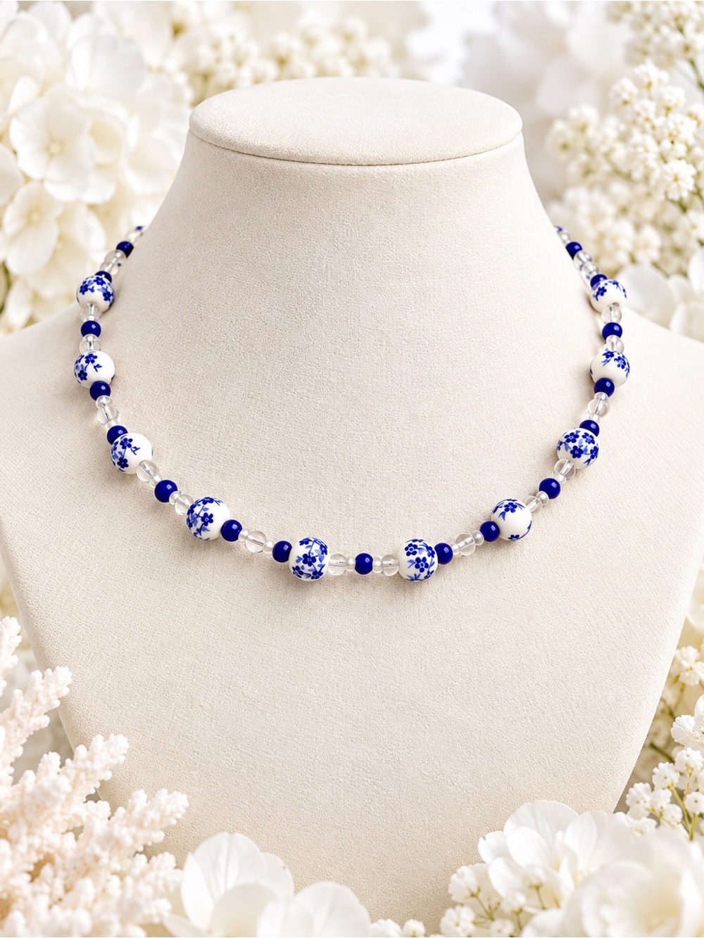 Blue and White Porcelain Bead Necklace by